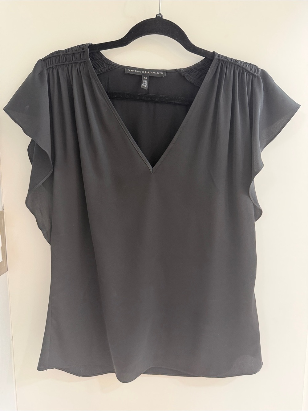 White House Black Market Black V-Neck Flutter Sleeve Blouse